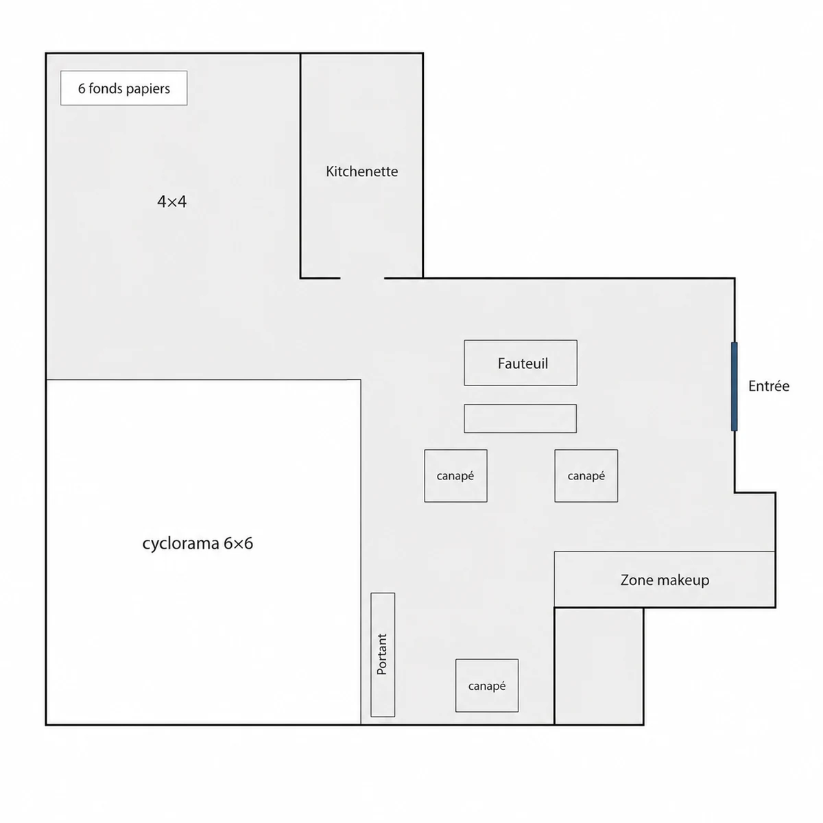 Plan du studio photo High-Key à Plan-les-Ouates : disposition des espaces, cyclorama 6×6, zone maquillage et entrée